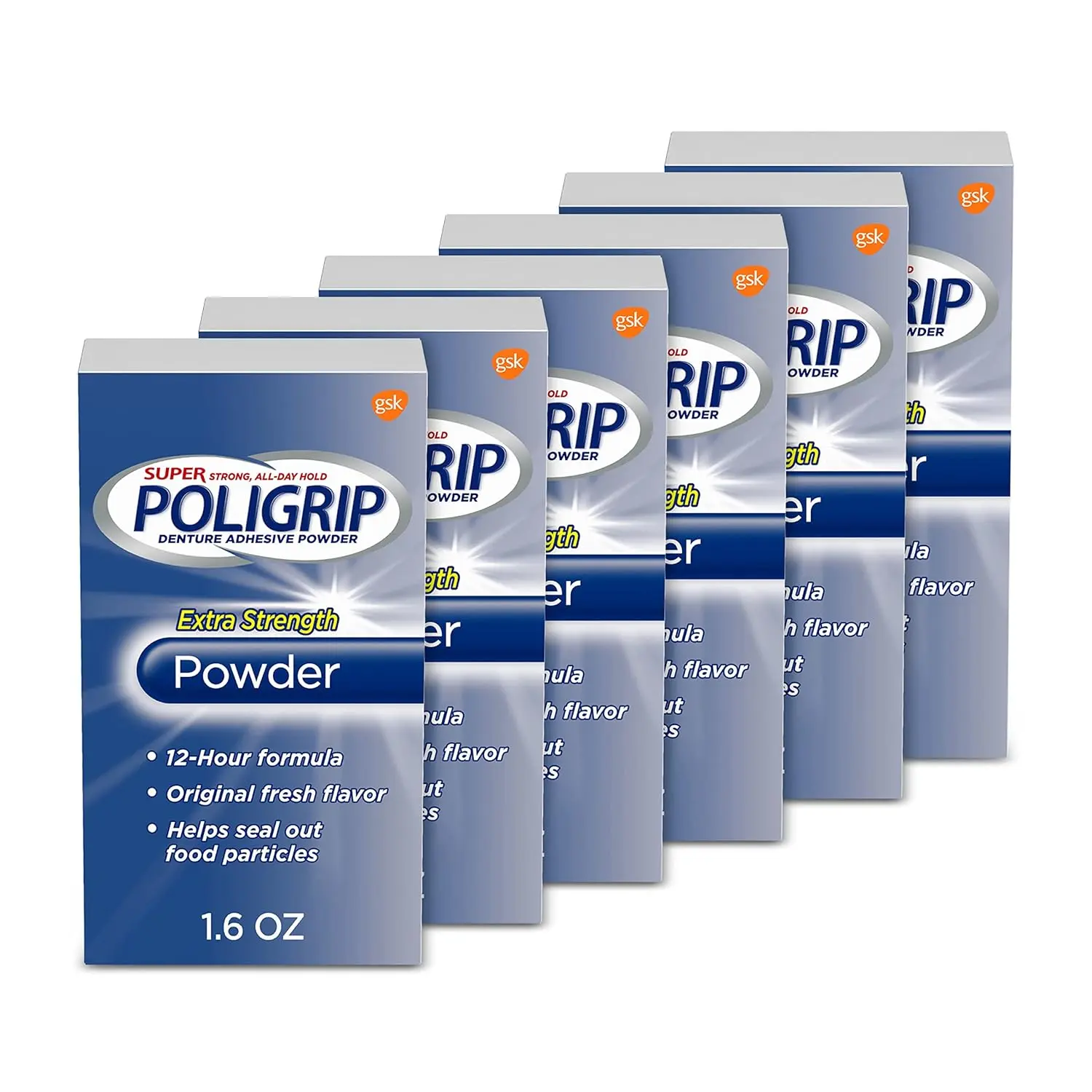This image shows a six-pack of Poligrip Super Extra Strength Denture Adhesive Powder, a zinc-free formula that provides all-day hold and prevents food trapping for dentures and partials.