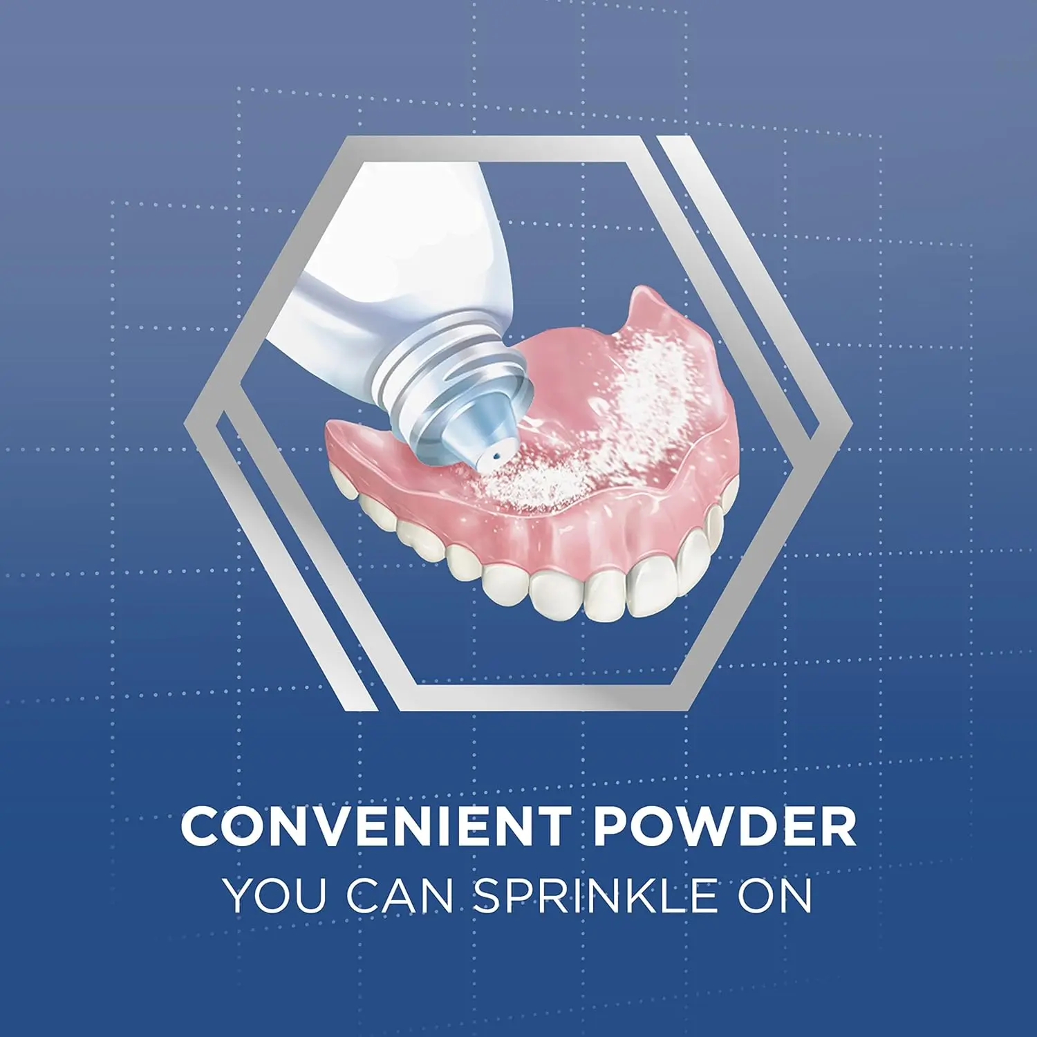 This image shows a six-pack of Poligrip Super Extra Strength Denture Adhesive Powder, a zinc-free formula that provides all-day hold and prevents food trapping for dentures and partials.