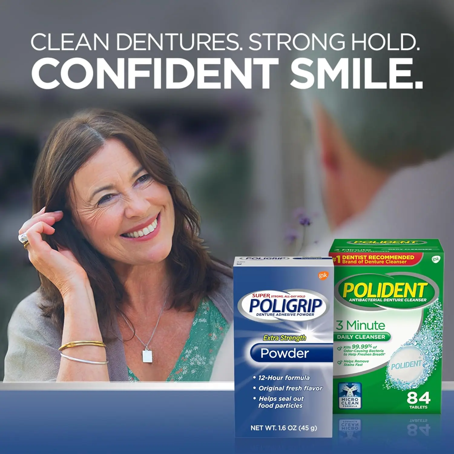 This image shows a six-pack of Poligrip Super Extra Strength Denture Adhesive Powder, a zinc-free formula that provides all-day hold and prevents food trapping for dentures and partials.