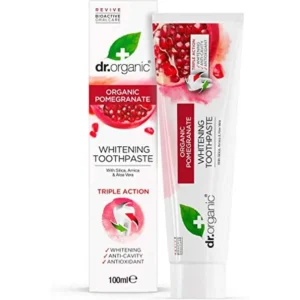 Dr. Organic Pomegranate Whitening Toothpaste is a rejuvenating and anti-cavity toothpaste suitable for vegans and vegetarians.