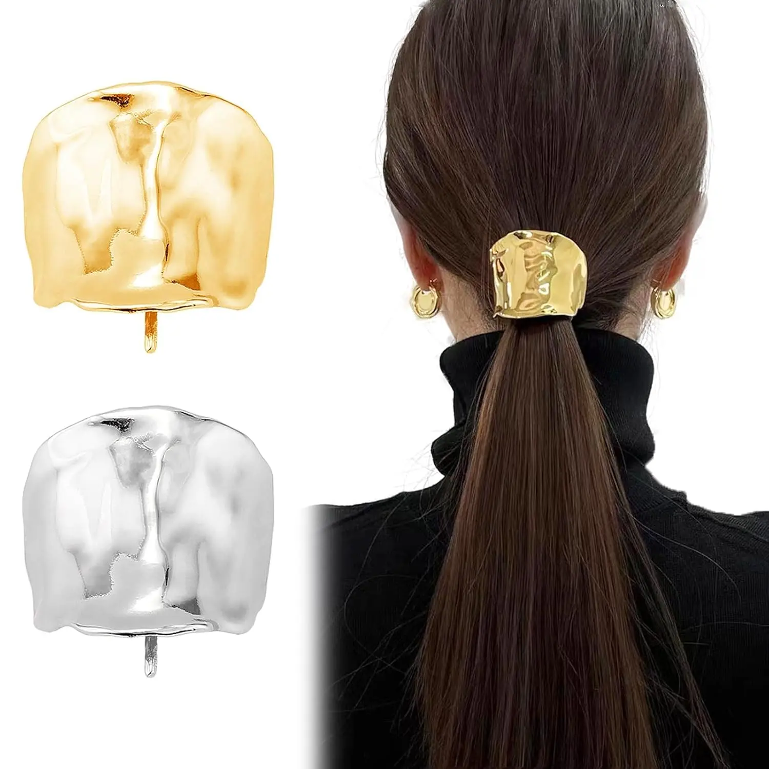 Two French-style metal ponytail holder hair clips in gold and silver, perfect for creating elegant and simple hairstyles for women and girls.