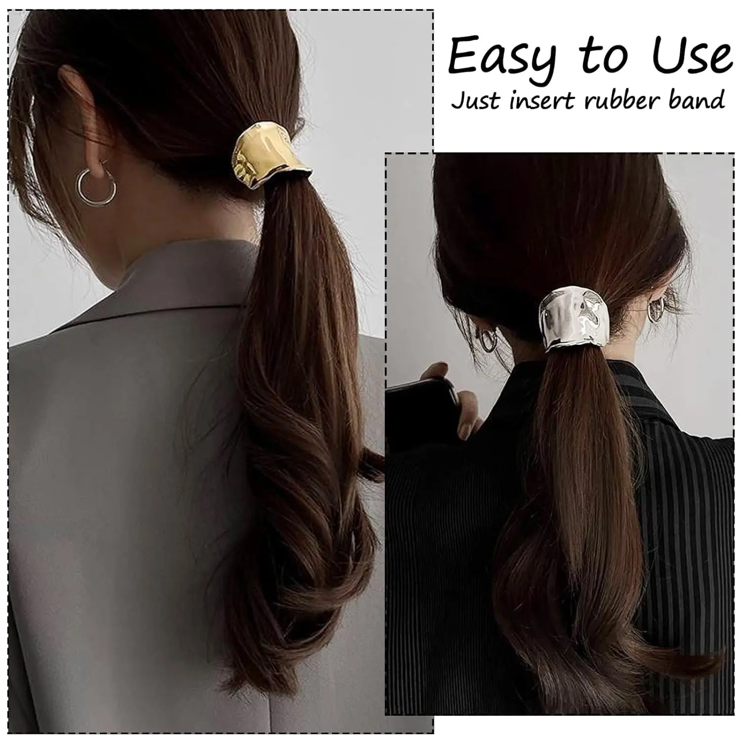 Two French-style metal ponytail holder hair clips in gold and silver, perfect for creating elegant and simple hairstyles for women and girls.