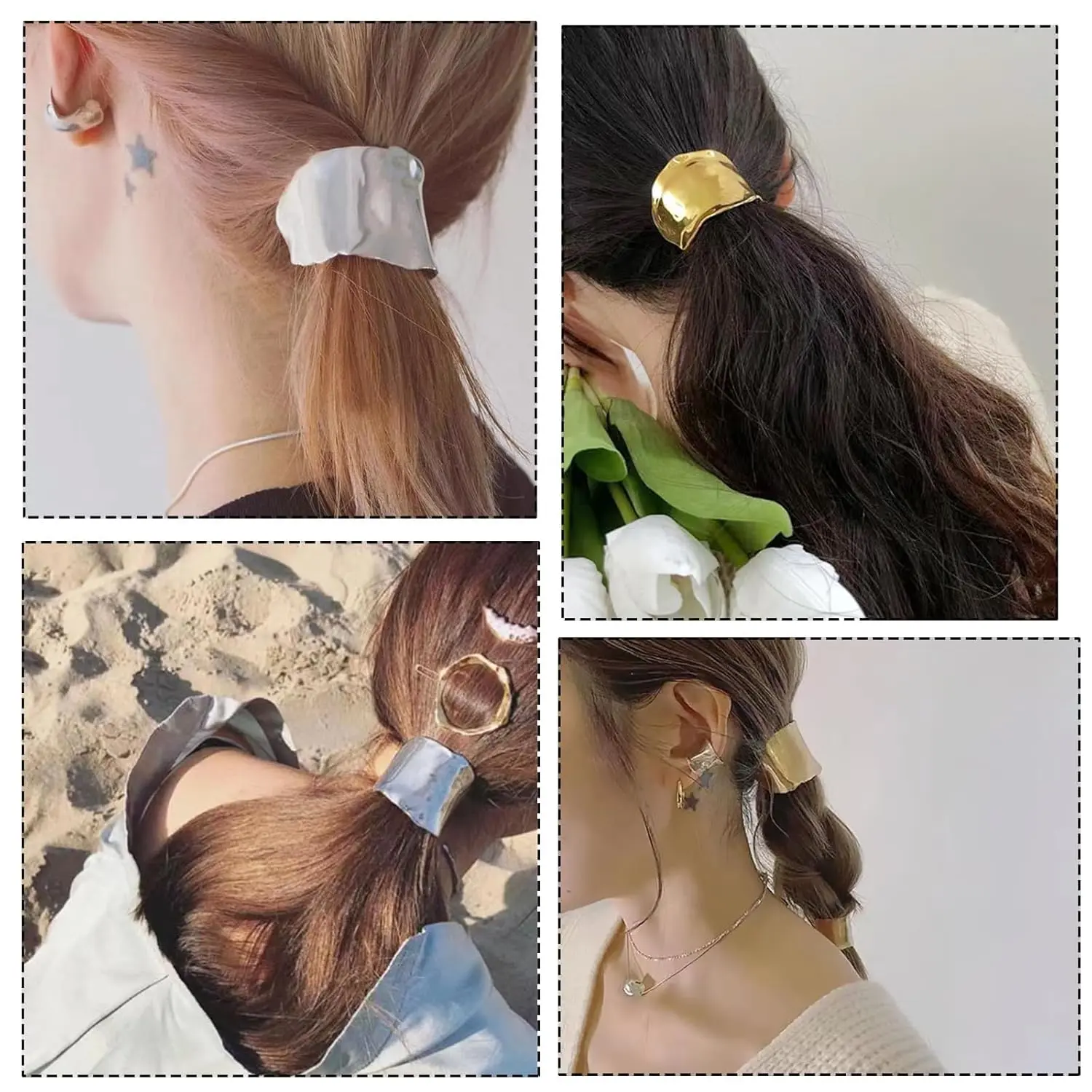 Two French-style metal ponytail holder hair clips in gold and silver, perfect for creating elegant and simple hairstyles for women and girls.