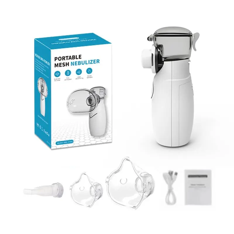 This portable mini inhaler is a handheld cool mist humidifier with masks and USB cable, suitable for both adults and children for easy breathing.