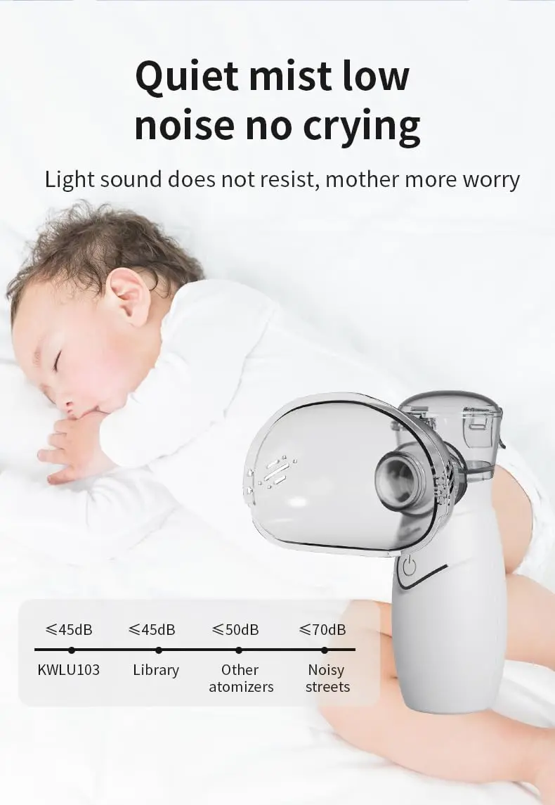 This portable mini inhaler is a handheld cool mist humidifier with masks and USB cable, suitable for both adults and children for easy breathing.