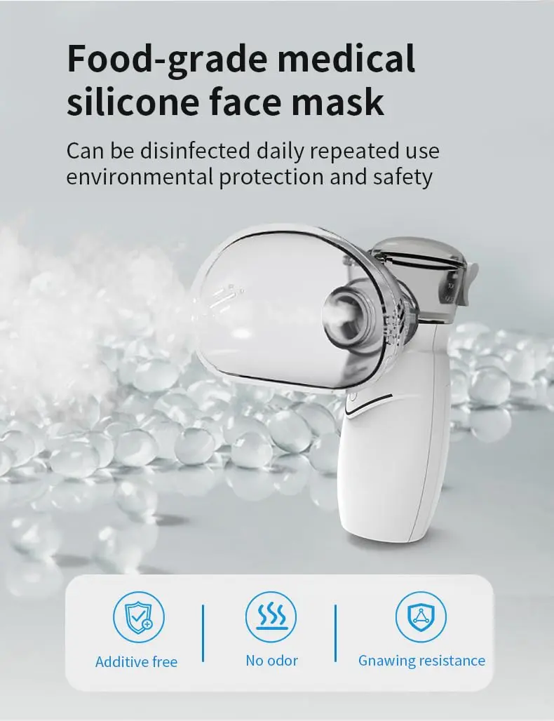 This portable mini inhaler is a handheld cool mist humidifier with masks and USB cable, suitable for both adults and children for easy breathing.