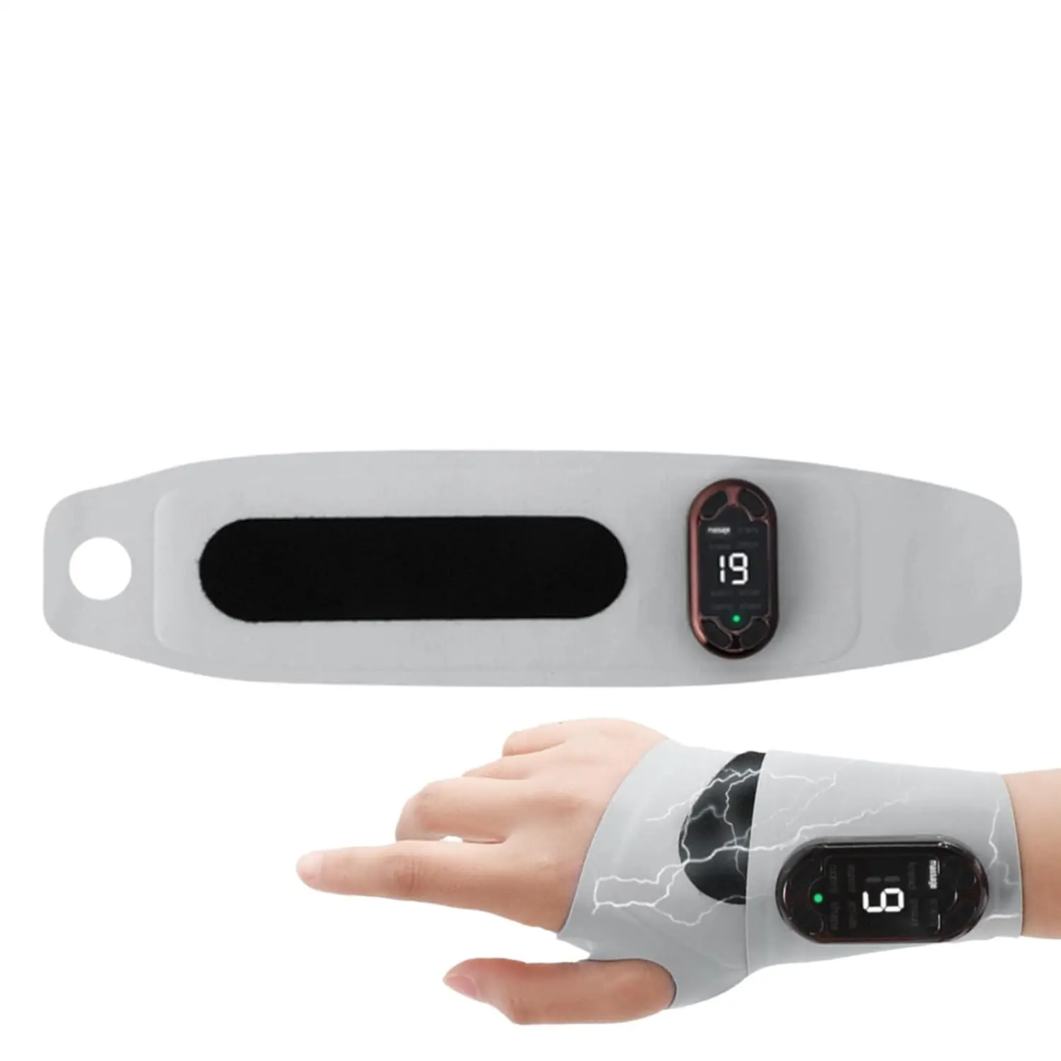 This portable wrist massager provides heat and massage therapy for pain relief, featuring fingertip touch controls and a magnetic buckle for easy cleaning.
