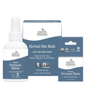 Earth Mama Postpartum Recovery Kit includes organic herbal sitz bath, perineal balm, and peri spray for cool comfort and perineal relief after delivery.