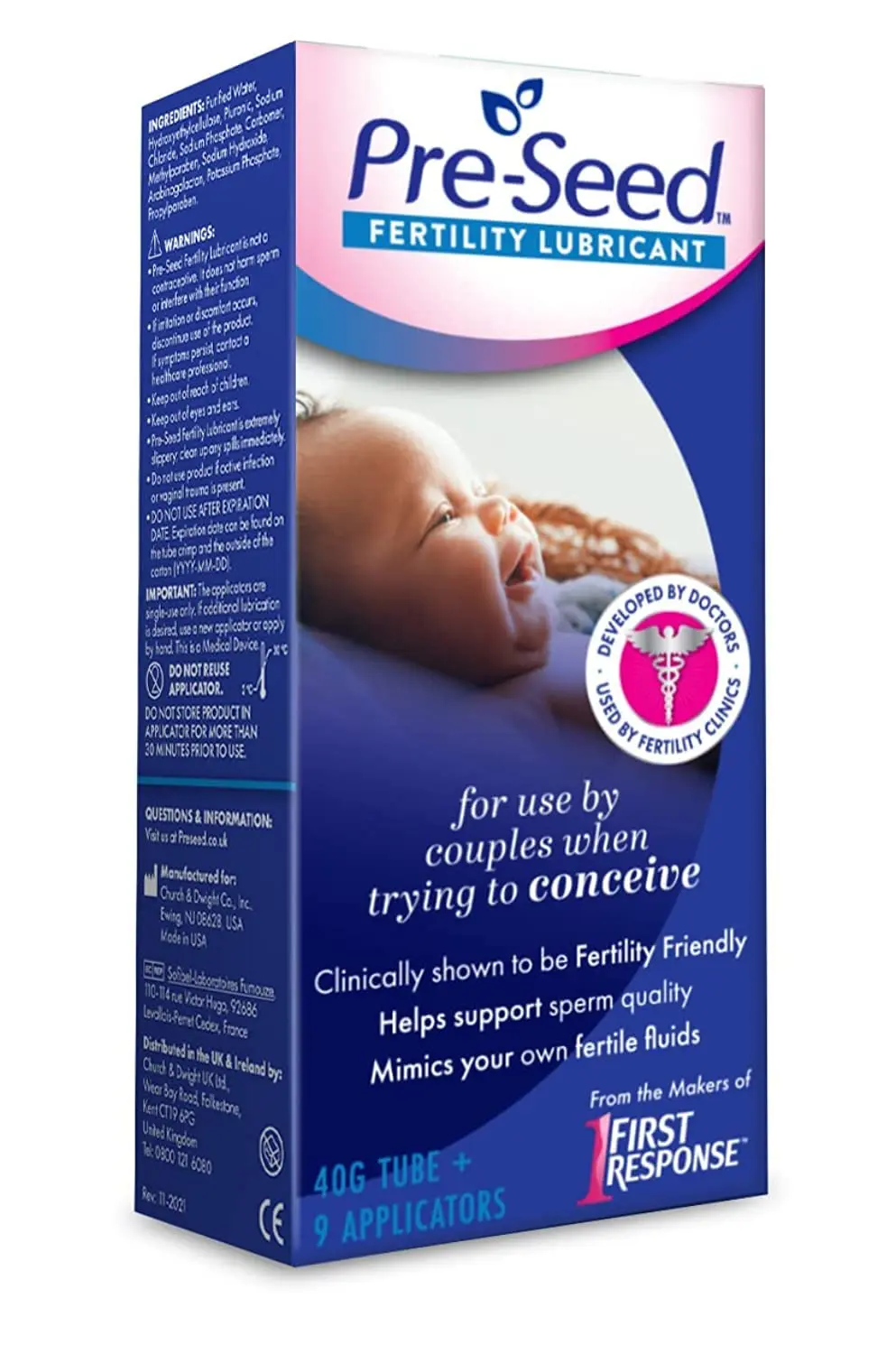 A tube of Pre-Seed fertility-friendly lubricant, designed to mimic natural fertile fluids and be safe for sperm when trying to conceive.