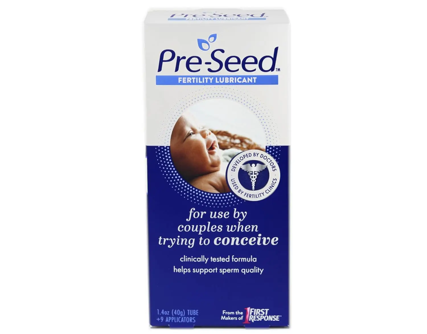 A tube of PRE-SEED fertility-friendly body lubricant by INGfertility is displayed with nine reusable applicators, designed for couples trying to conceive.