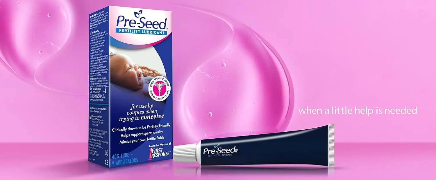 A tube of Pre-Seed fertility-friendly lubricant, designed to mimic natural fertile fluids and be safe for sperm when trying to conceive.
