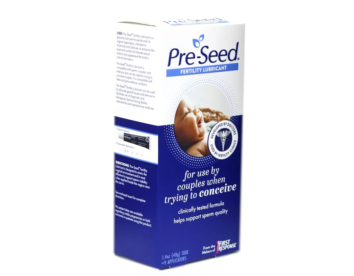 A tube of PRE-SEED fertility-friendly body lubricant by INGfertility is displayed with nine reusable applicators, designed for couples trying to conceive.