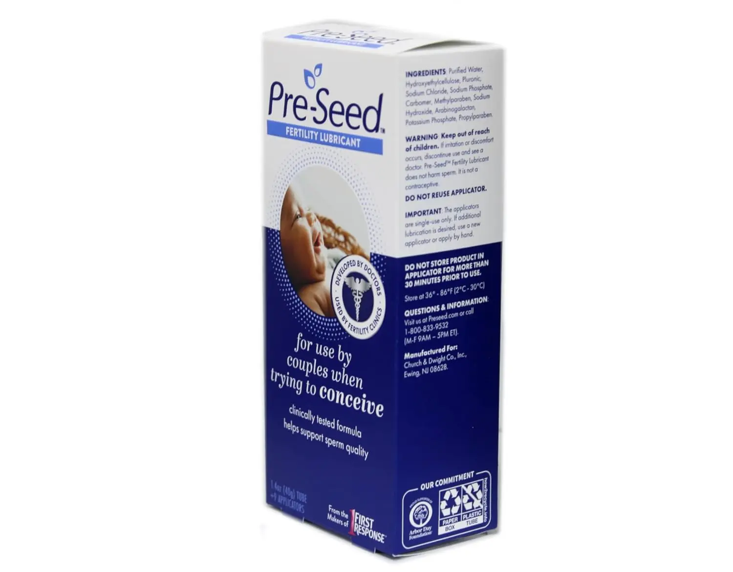 A tube of PRE-SEED fertility-friendly body lubricant by INGfertility is displayed with nine reusable applicators, designed for couples trying to conceive.