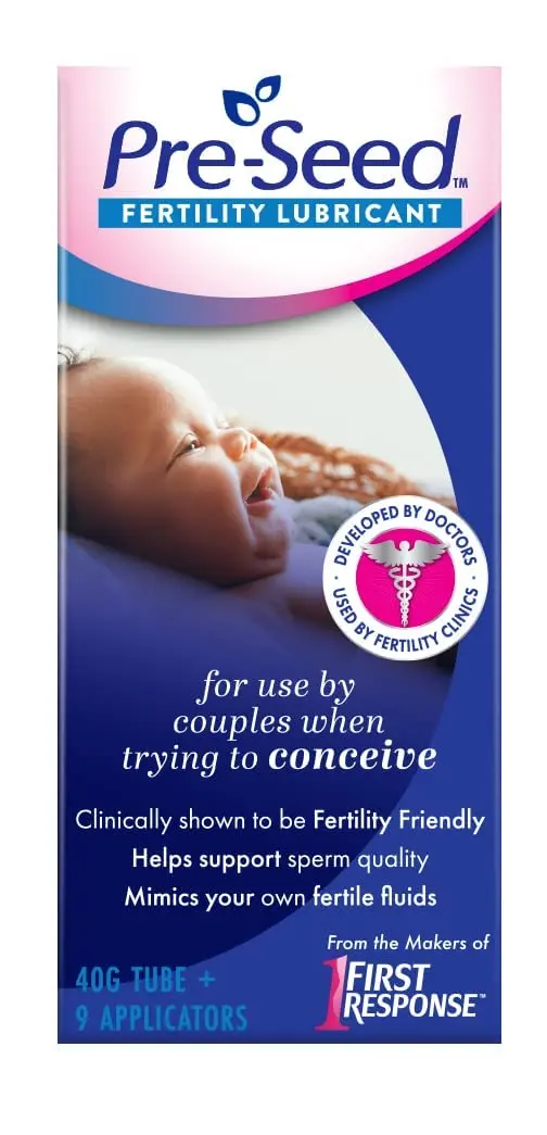 A tube of Pre-Seed fertility-friendly lubricant, designed to mimic natural fertile fluids and be safe for sperm when trying to conceive.