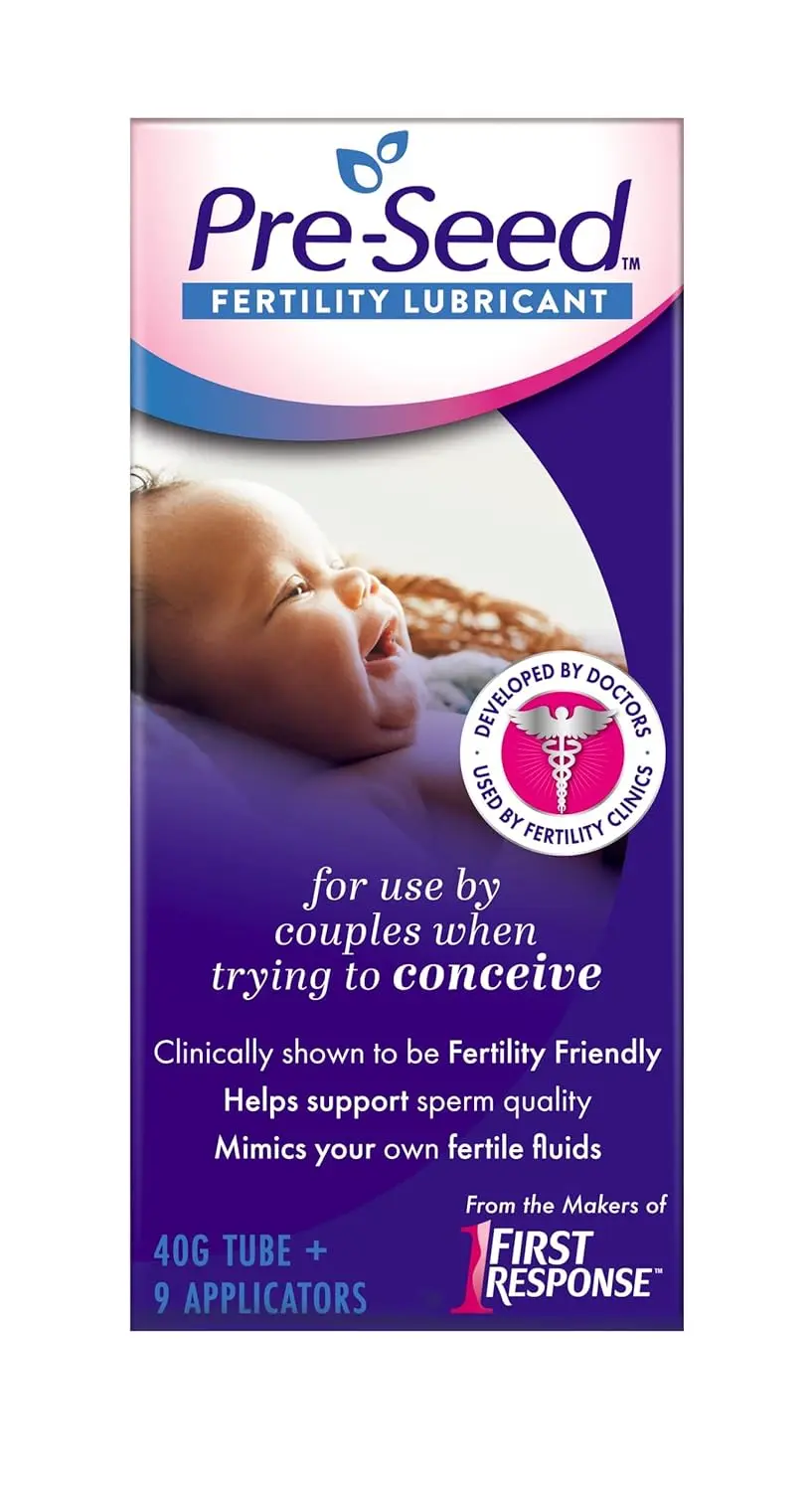 A tube of Pre-Seed fertility-friendly lubricant, designed to mimic natural fertile fluids and be safe for sperm when trying to conceive.
