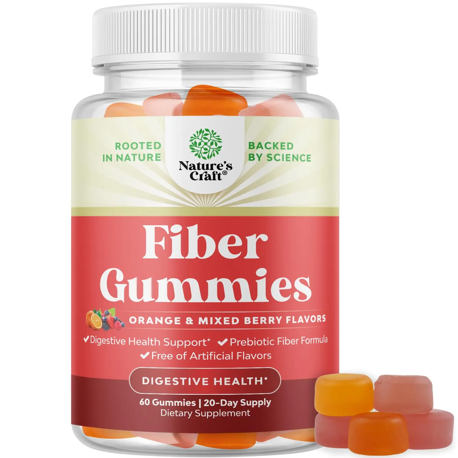 Natures Craft prebiotic fiber gummies support gut health, digestive support, and immunity with inulin and chicory root fiber in a tasty, halal, and vegan gummy.