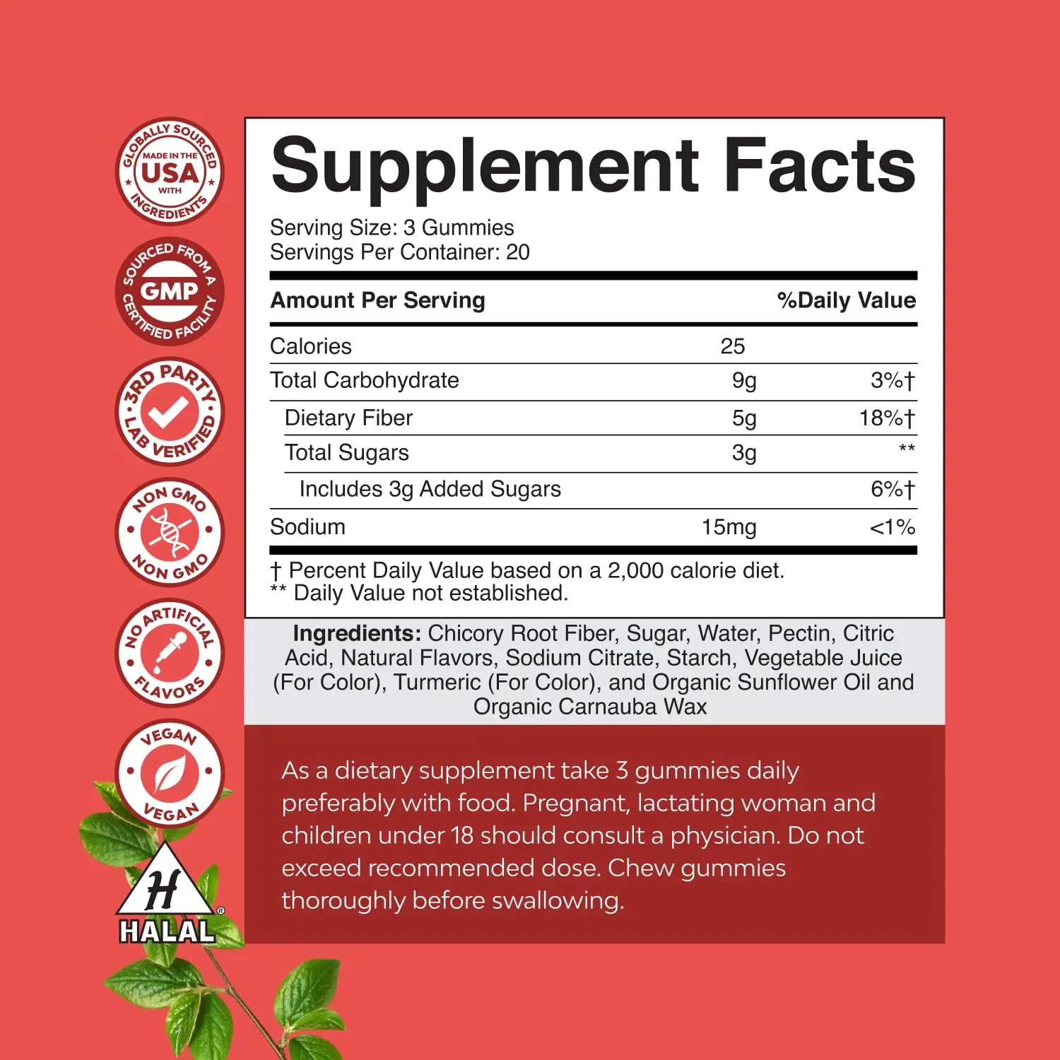 Natures Craft prebiotic fiber gummies support gut health, digestive support, and immunity with inulin and chicory root fiber in a tasty, halal, and vegan gummy.