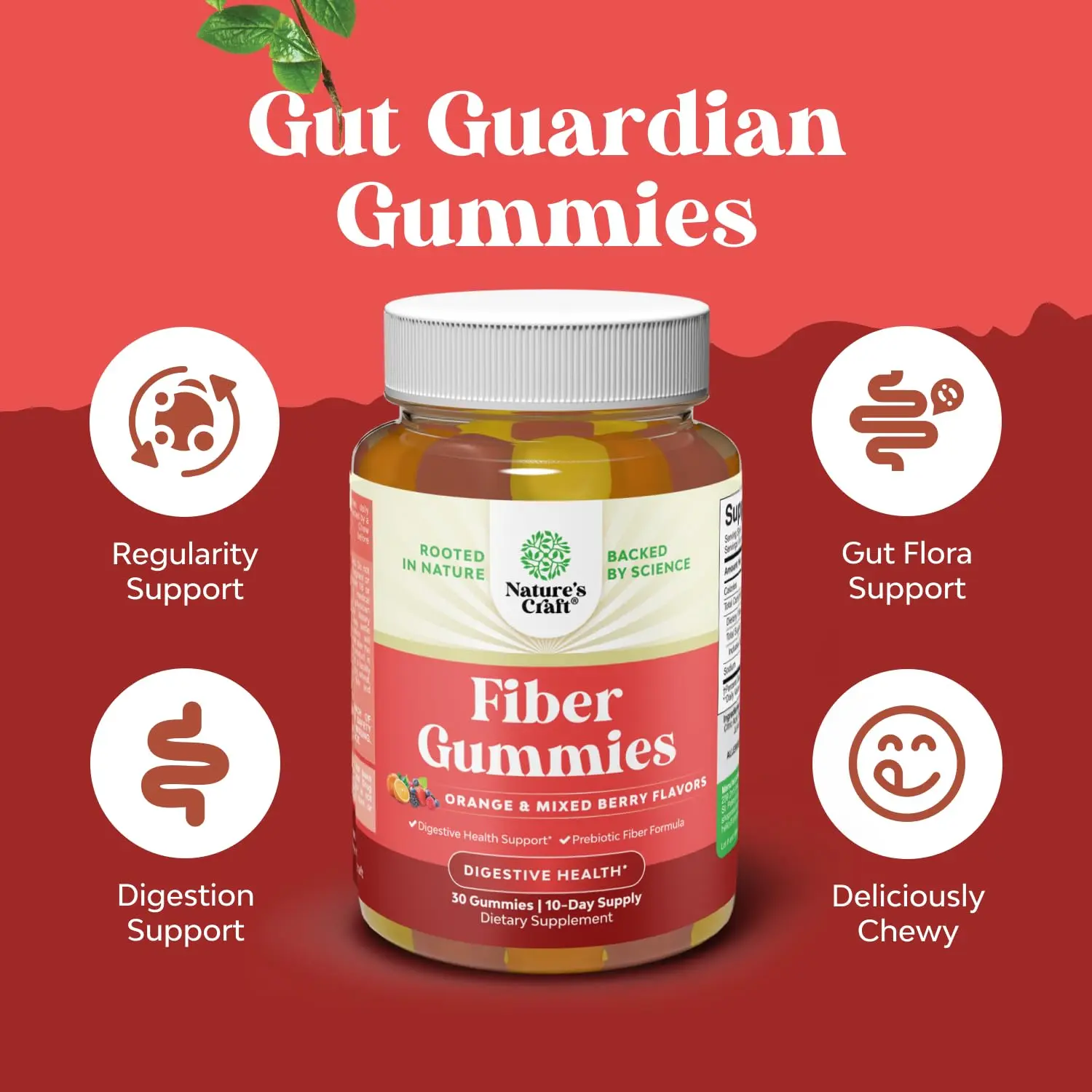 Natures Craft prebiotic fiber gummies support gut health, digestive support, and immunity with inulin and chicory root fiber in a tasty, halal, and vegan gummy.