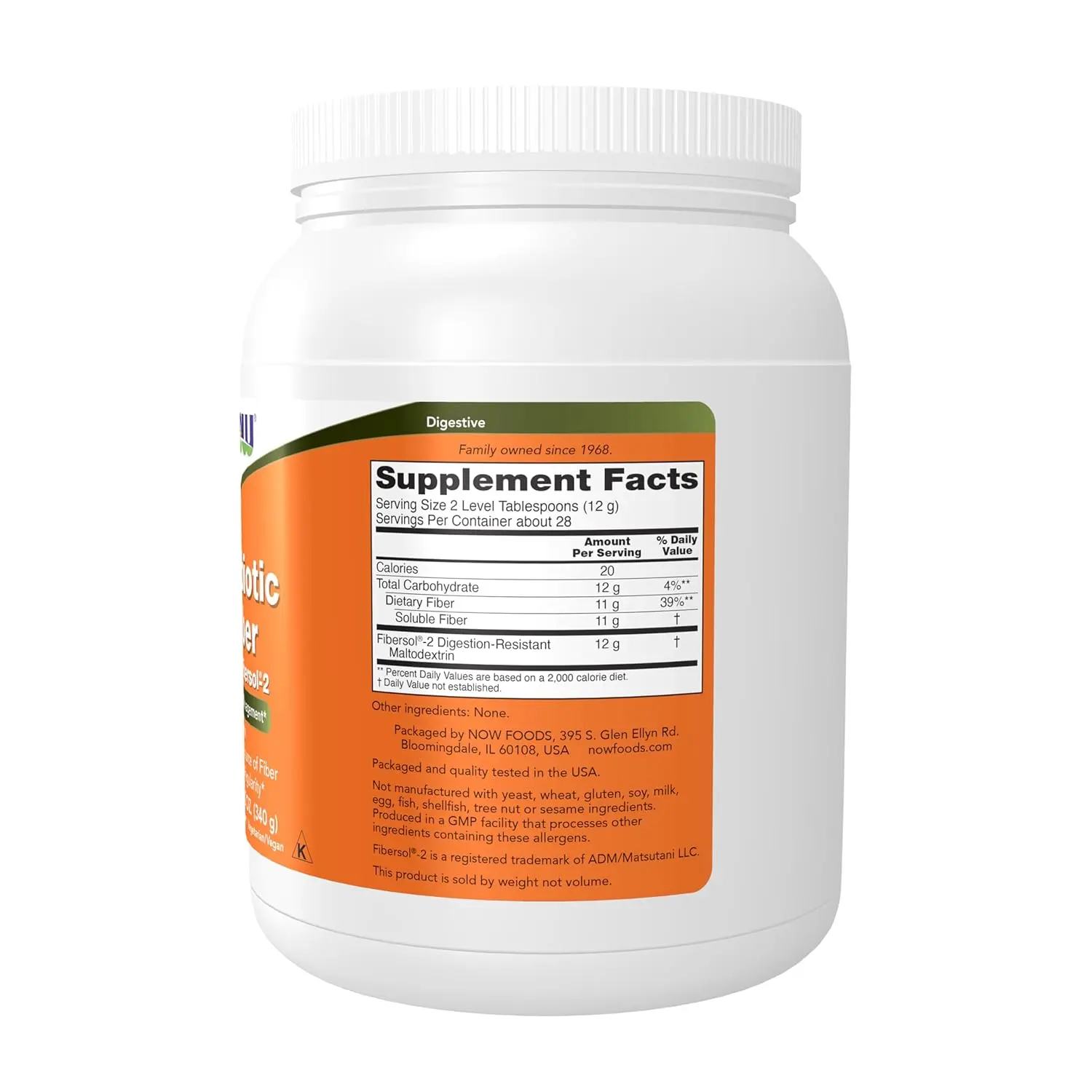 Now Foods Prebiotic Fiber powder with Fibersol-2 is a tasteless, soluble fiber supplement made from non-GMO corn to help manage hunger, promote fullness, and support healthy glucose levels and intestinal flora.