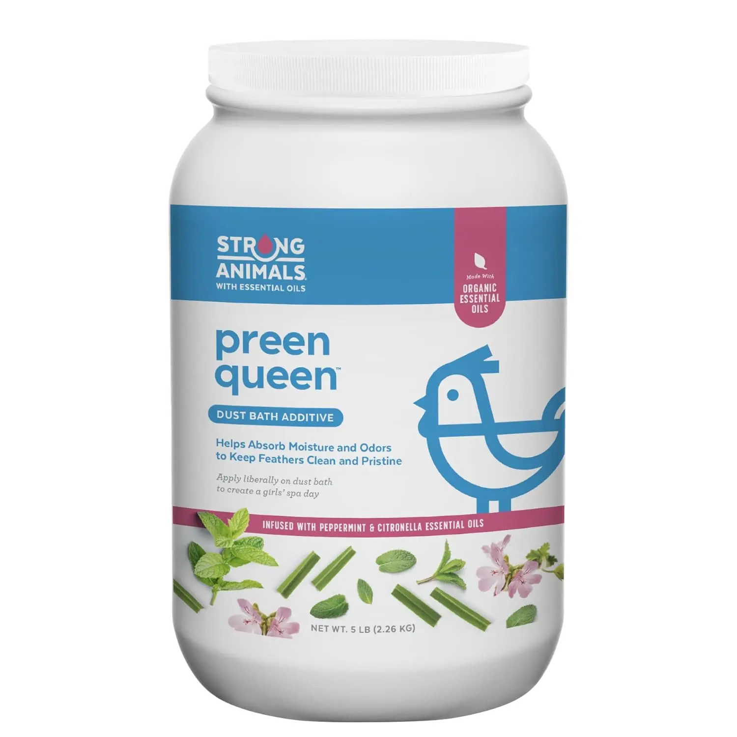 Preen Queen chicken dust bath additive with peppermint and citronella essential oils helps absorb moisture and odors for all types of poultry.