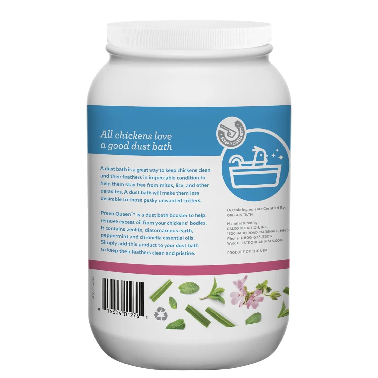 Preen Queen chicken dust bath additive with peppermint and citronella essential oils helps absorb moisture and odors for all types of poultry.