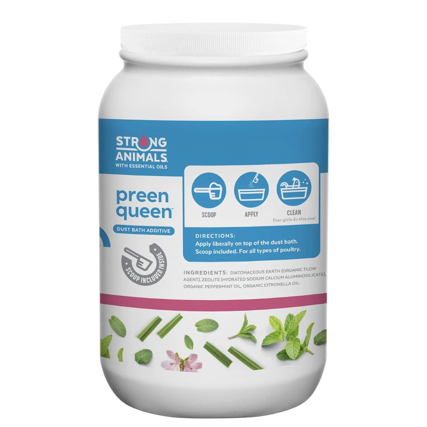 Preen Queen chicken dust bath additive with peppermint and citronella essential oils helps absorb moisture and odors for all types of poultry.