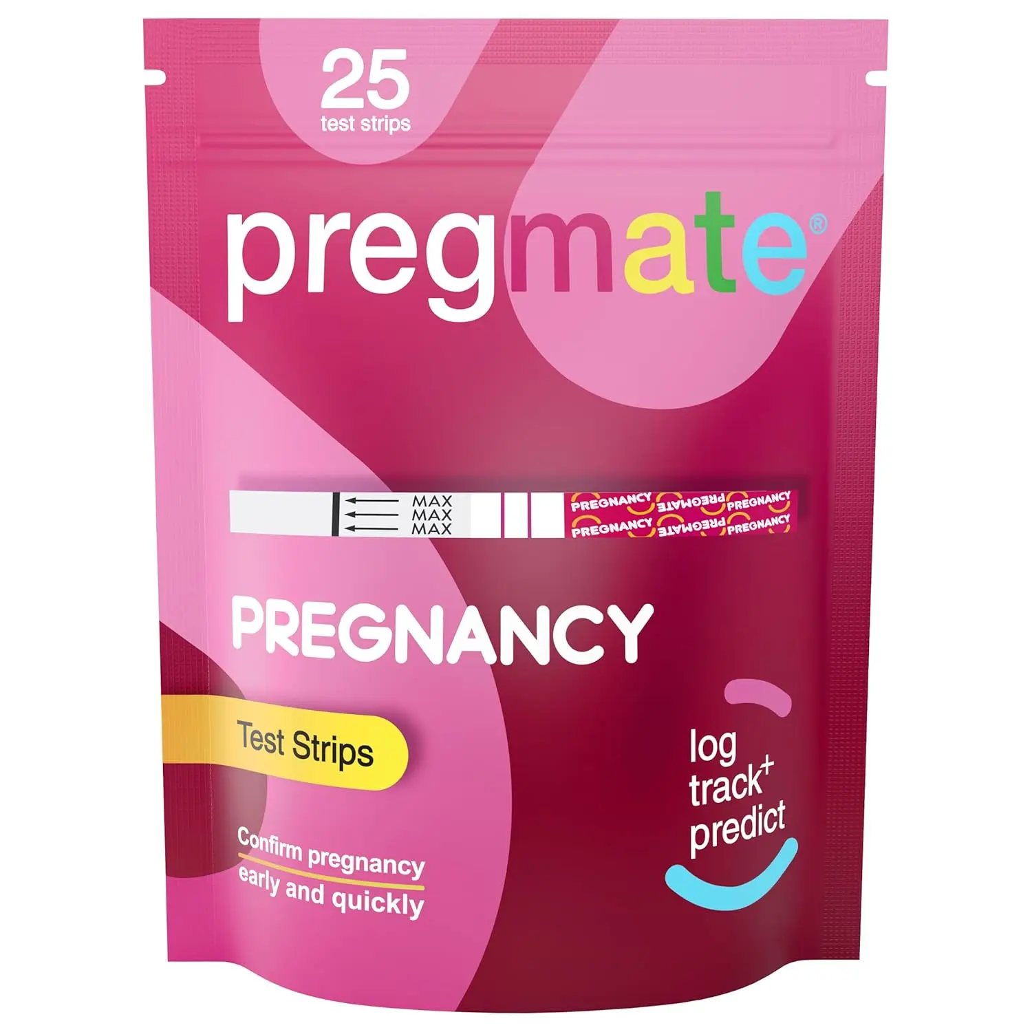 Twenty-five PREGMATE pregnancy test strips in individual pouches for early and accurate detection, with a sensitivity of 25 mIU/mL, allowing testing up to 5 days before a missed period.