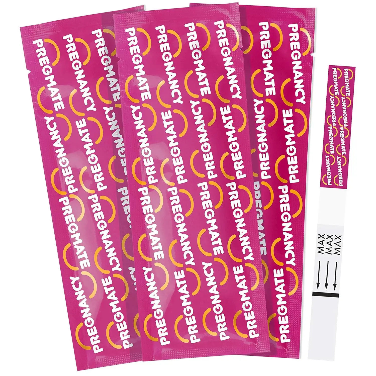 Twenty-five PREGMATE pregnancy test strips in individual pouches for early and accurate detection, with a sensitivity of 25 mIU/mL, allowing testing up to 5 days before a missed period.