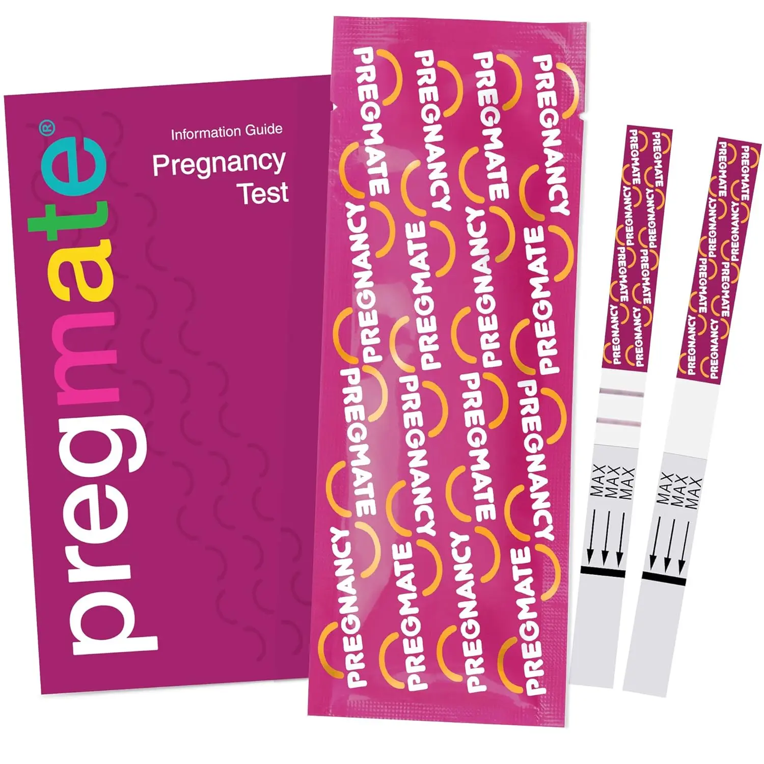 Twenty-five PREGMATE pregnancy test strips in individual pouches for early and accurate detection, with a sensitivity of 25 mIU/mL, allowing testing up to 5 days before a missed period.
