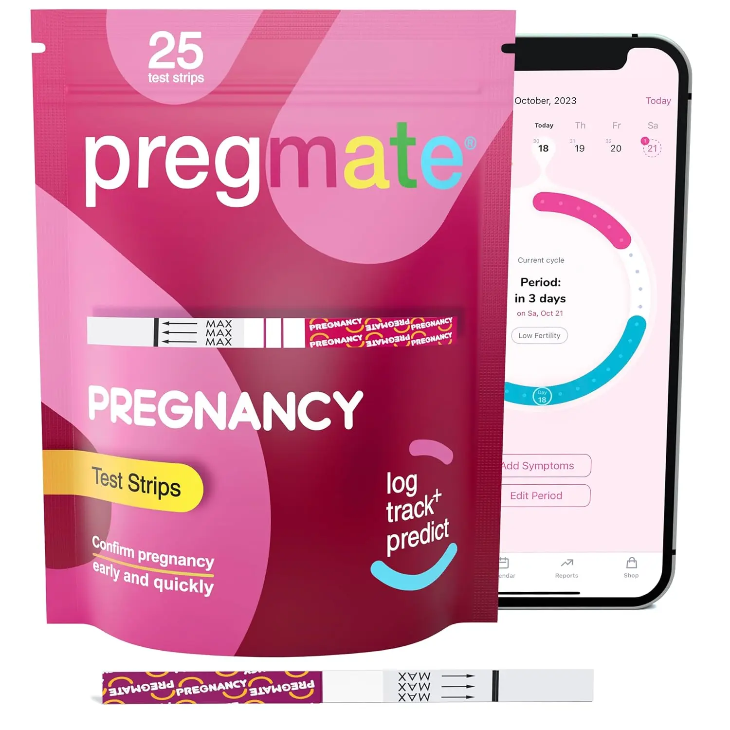 Twenty-five PREGMATE pregnancy test strips in individual pouches for early and accurate detection, with a sensitivity of 25 mIU/mL, allowing testing up to 5 days before a missed period.