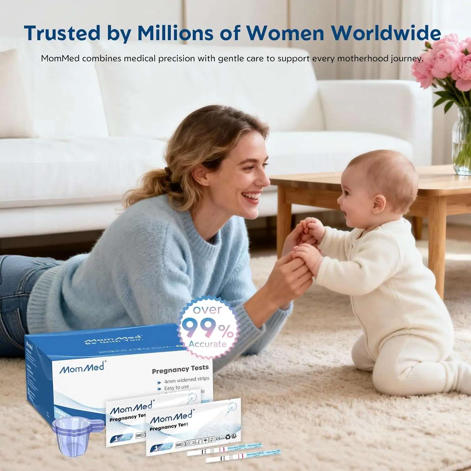 This home pregnancy test kit includes 55 individually wrapped pregnancy test strips and 55 urine collection cups for early and accurate HCG detection with over 99% accuracy.