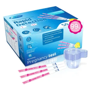 This bulk pack of 50 individually wrapped Healcheck pregnancy test strips with included urine cups offers accurate and early detection of pregnancy at home with over 99% accuracy and results in 5 minutes.