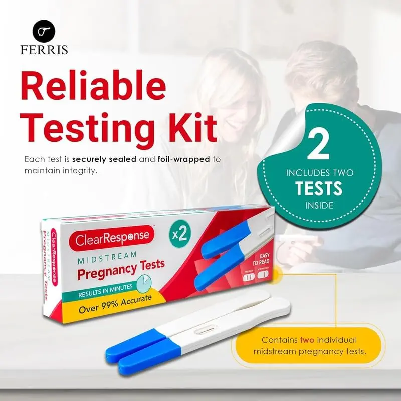This image shows a two-pack of FERRIS pregnancy tests, designed for early detection with over 99% accuracy and a clear, easy-to-read display for quick results and convenient home use.