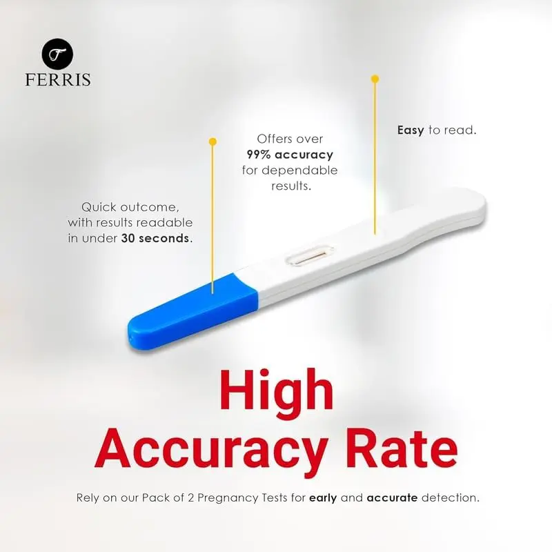 This image shows a two-pack of FERRIS pregnancy tests, designed for early detection with over 99% accuracy and a clear, easy-to-read display for quick results and convenient home use.
