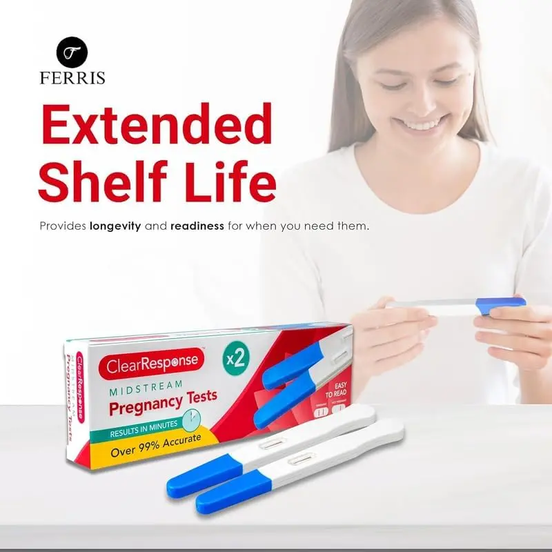 This image shows a two-pack of FERRIS pregnancy tests, designed for early detection with over 99% accuracy and a clear, easy-to-read display for quick results and convenient home use.