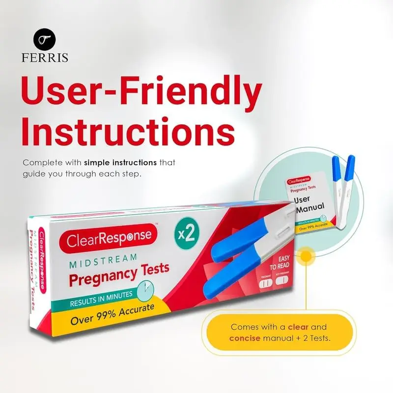 This image shows a two-pack of FERRIS pregnancy tests, designed for early detection with over 99% accuracy and a clear, easy-to-read display for quick results and convenient home use.