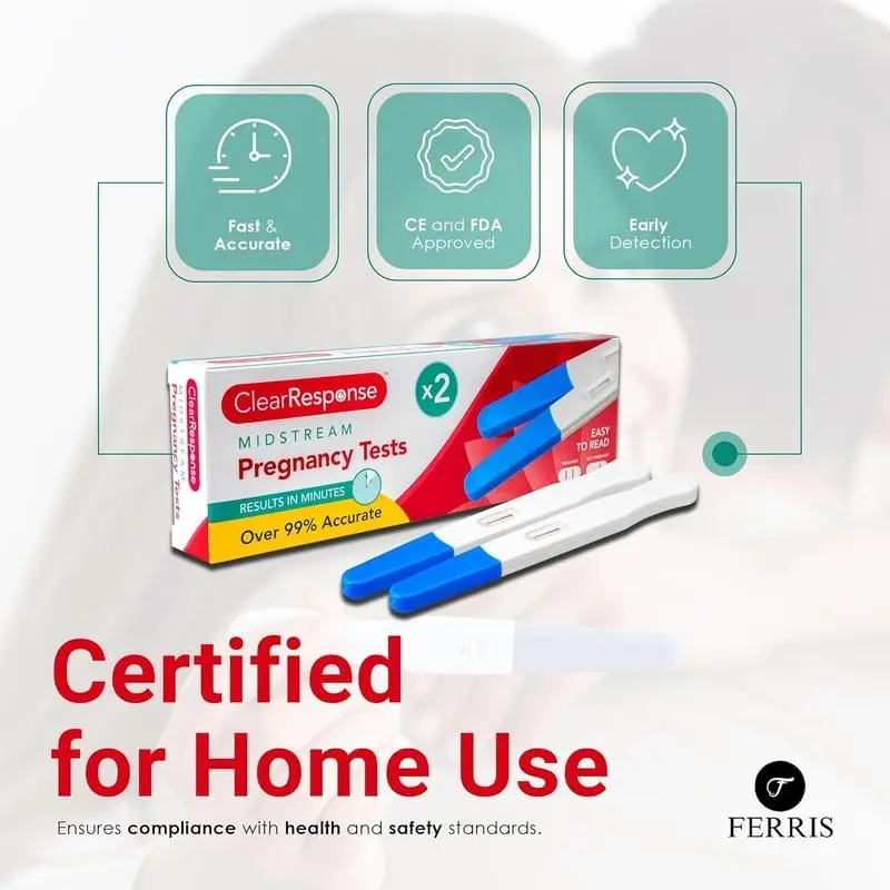 This image shows a two-pack of FERRIS pregnancy tests, designed for early detection with over 99% accuracy and a clear, easy-to-read display for quick results and convenient home use.