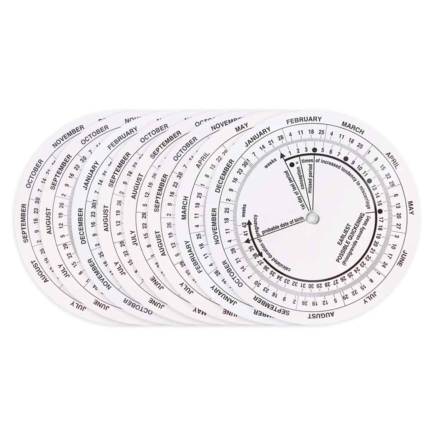 This pregnancy wheel calculator made of durable ABS material helps determine the probable ovulation, implantation, and expected due date.