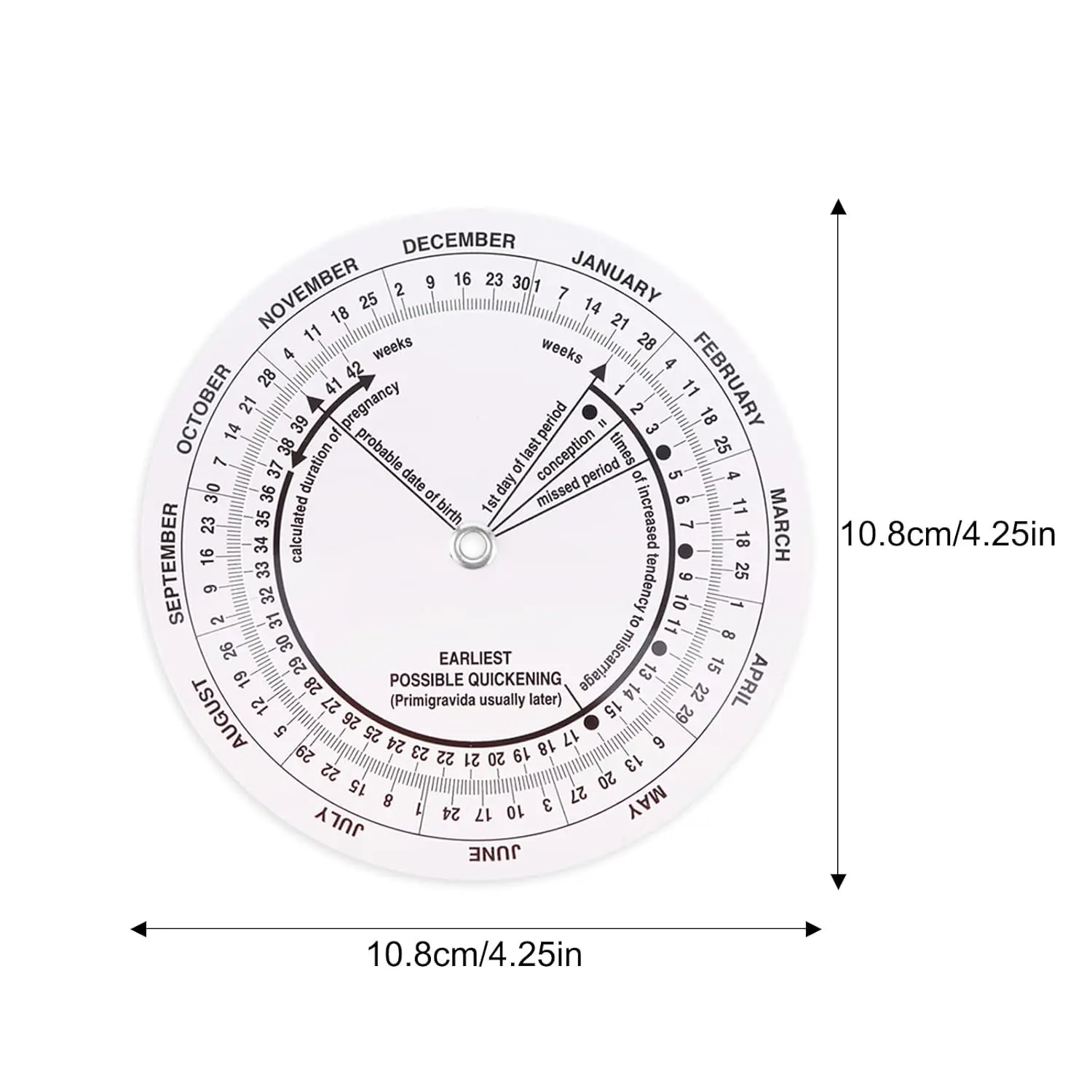 This pregnancy wheel calculator made of durable ABS material helps determine the probable ovulation, implantation, and expected due date.