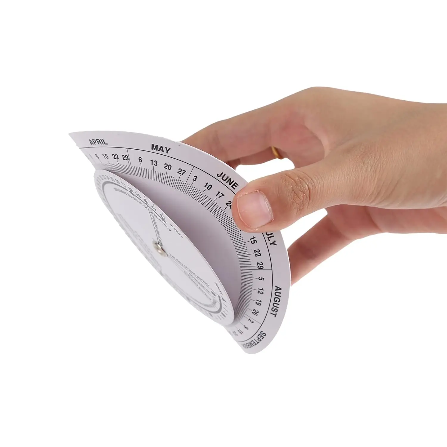 This pregnancy wheel calculator made of durable ABS material helps determine the probable ovulation, implantation, and expected due date.