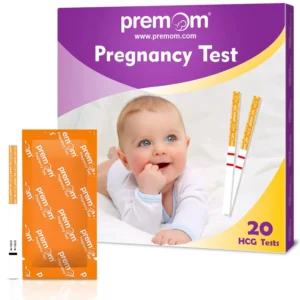 This pack contains 20 Premom early pregnancy test strips, capable of detecting hCG levels as low as 10 mIU/ml for accurate results up to 5 days sooner, with over 99% accuracy.