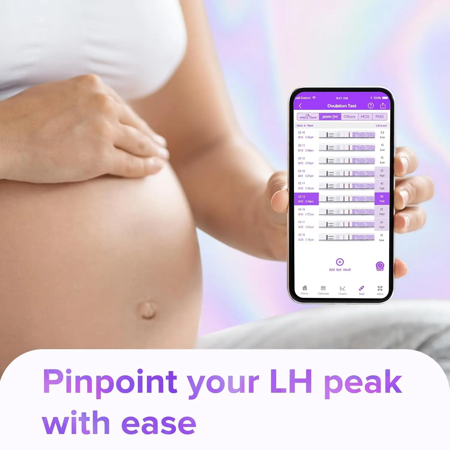 Premom ovulation test strips kit with digital reader app helps women trying to conceive predict their fertile window with quantitative LH level tracking.