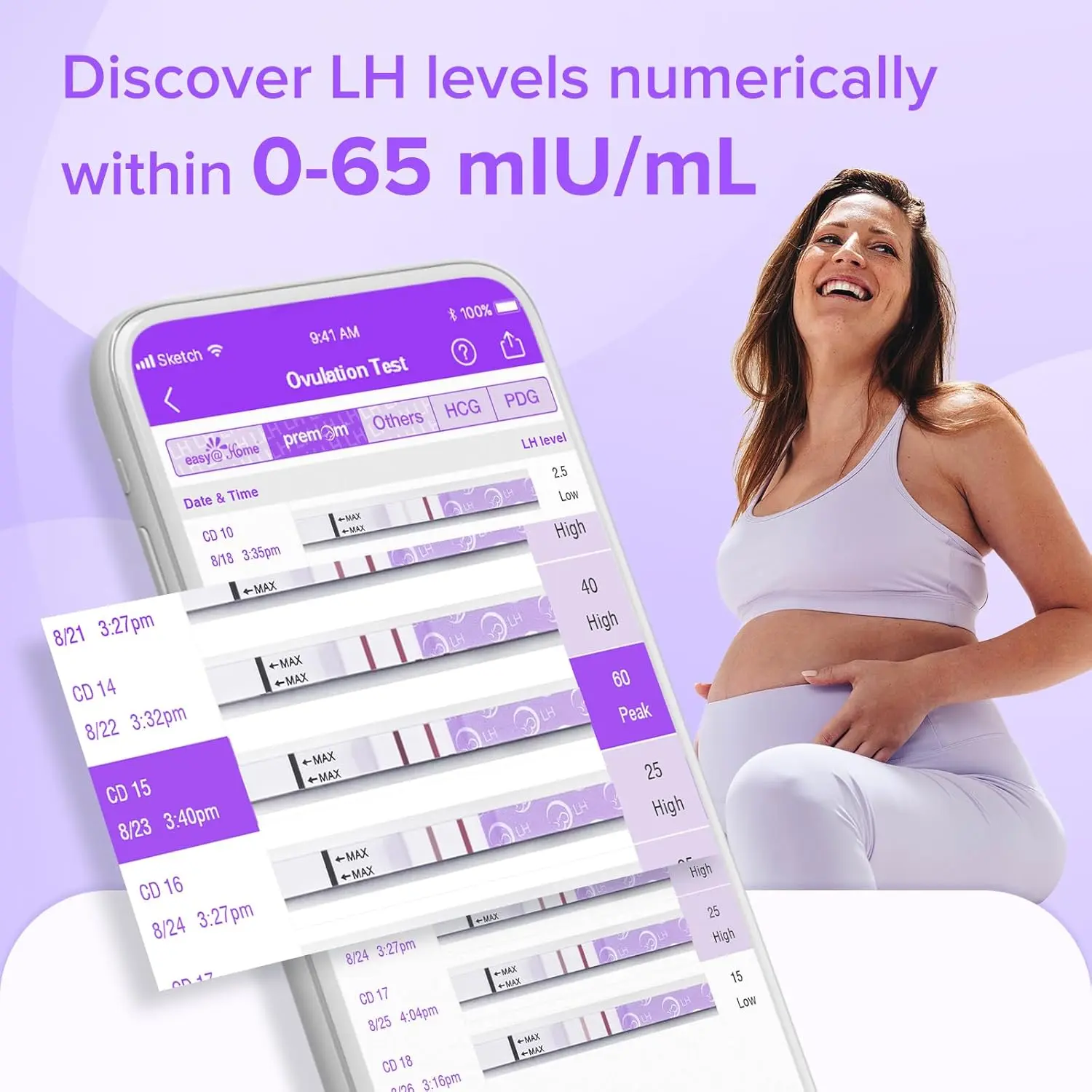 Premom ovulation test strips kit with digital reader app helps women trying to conceive predict their fertile window with quantitative LH level tracking.