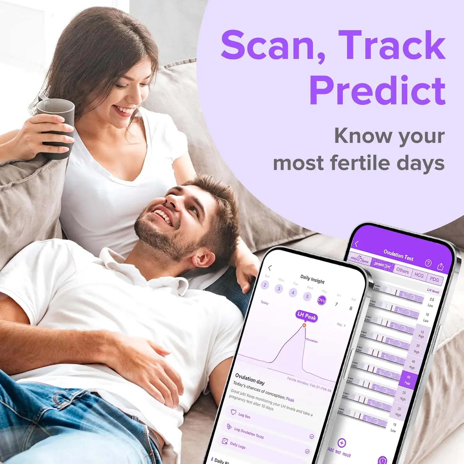Premom ovulation test strips kit with digital reader app helps women trying to conceive predict their fertile window with quantitative LH level tracking.