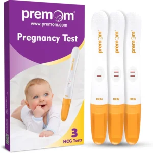 Three Premom midstream pregnancy tests for early and accurate HCG detection with results in 5 minutes.