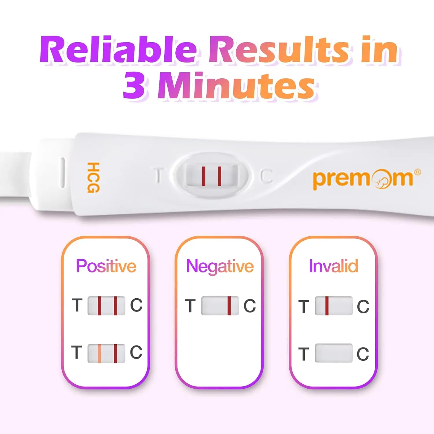 Three Premom midstream pregnancy tests for early and accurate HCG detection with results in 5 minutes.
