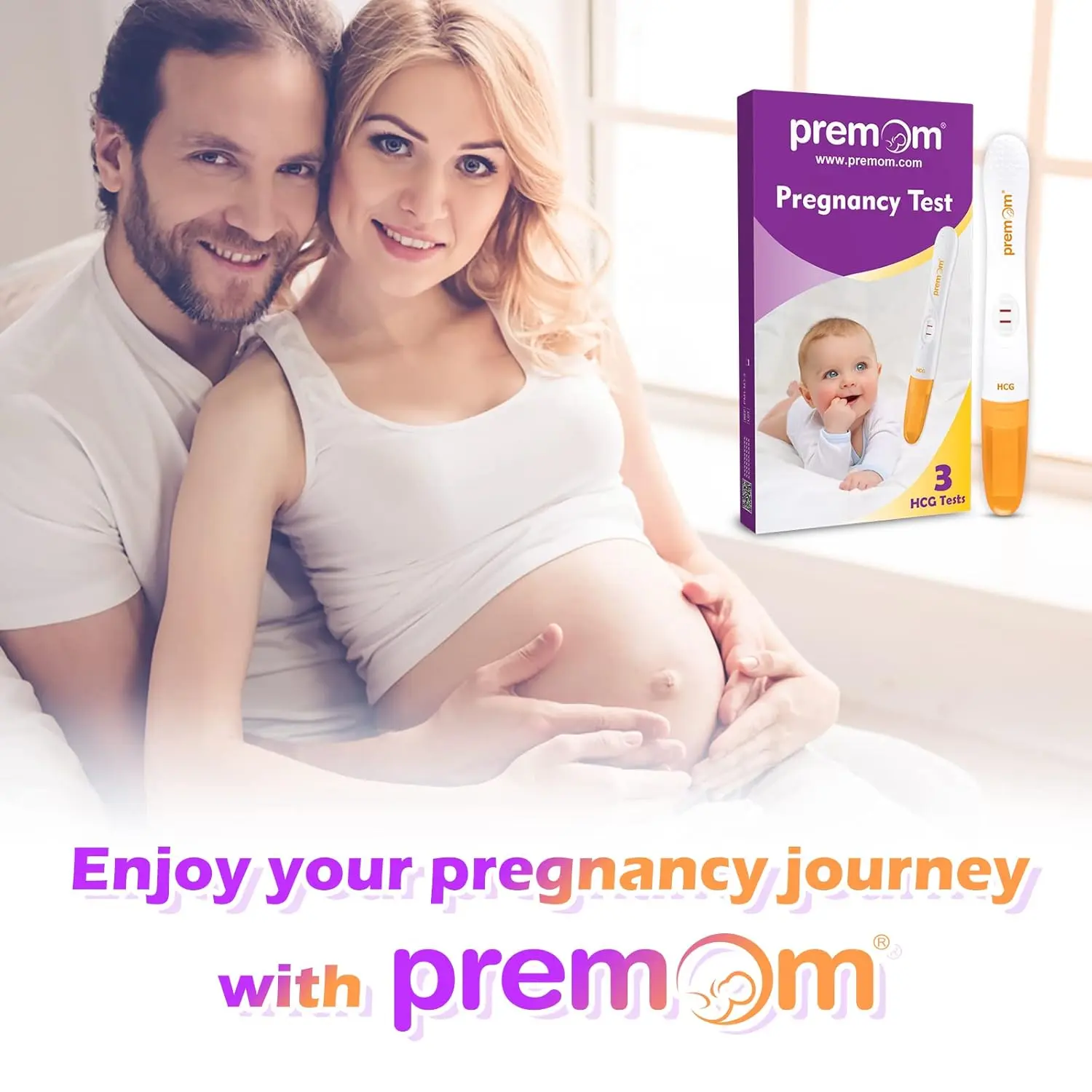 Three Premom midstream pregnancy tests for early and accurate HCG detection with results in 5 minutes.