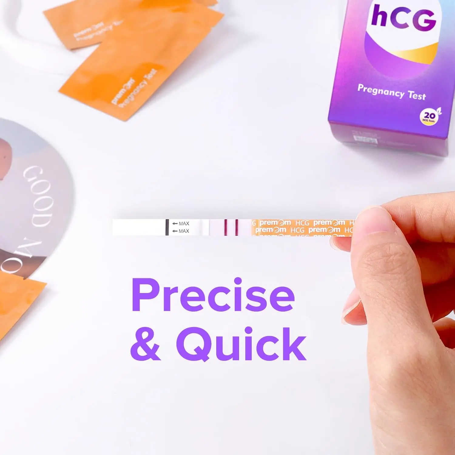 This image shows Premom pregnancy test strips, an easy to use and accurate early detection kit for women trying to conceive, offering clear results in just 3-5 minutes with the support of the Premom app.