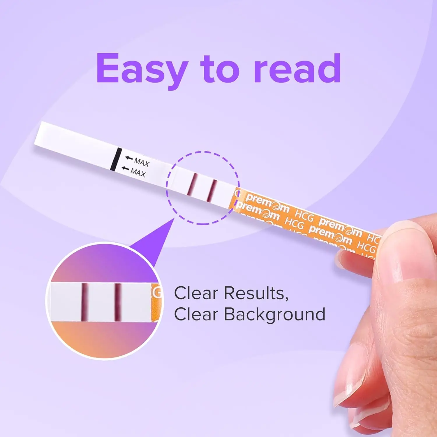 This image shows Premom pregnancy test strips, an easy to use and accurate early detection kit for women trying to conceive, offering clear results in just 3-5 minutes with the support of the Premom app.