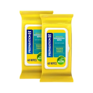 Two pouches of Preparation H medicated flushable hemorrhoid wipes with witch hazel and aloe, offering gentle cleansing and relief from irritation.
